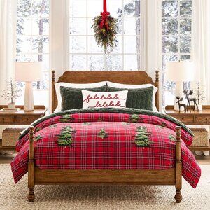 Pottery Barn Elliot KING / CAL Duvet Cover Christmas Tree Embroidered Red Plaid